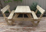 This commercial outdoor timber table includes back supports for comfort