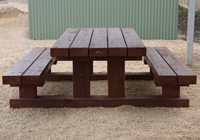 Side view of a red gum timber picnic table