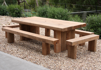 Large ironwood solid park tables and bench seats all round